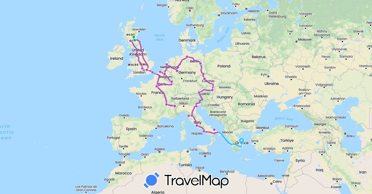 TravelMap itinerary: driving, bus, train, boat in Austria, Belgium, Czech Republic, Germany, France, United Kingdom, Greece, Italy, Luxembourg, Netherlands (Europe)