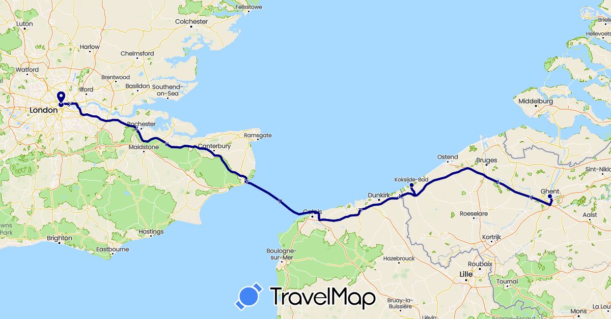 TravelMap itinerary: driving in Belgium, United Kingdom (Europe)