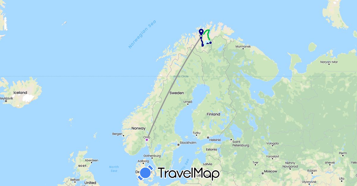TravelMap itinerary: driving, bus, plane, train, sledding in Norway (Europe)