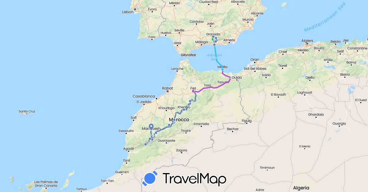 TravelMap itinerary: driving, bus, cycling, train, boat in Spain, Morocco (Africa, Europe)