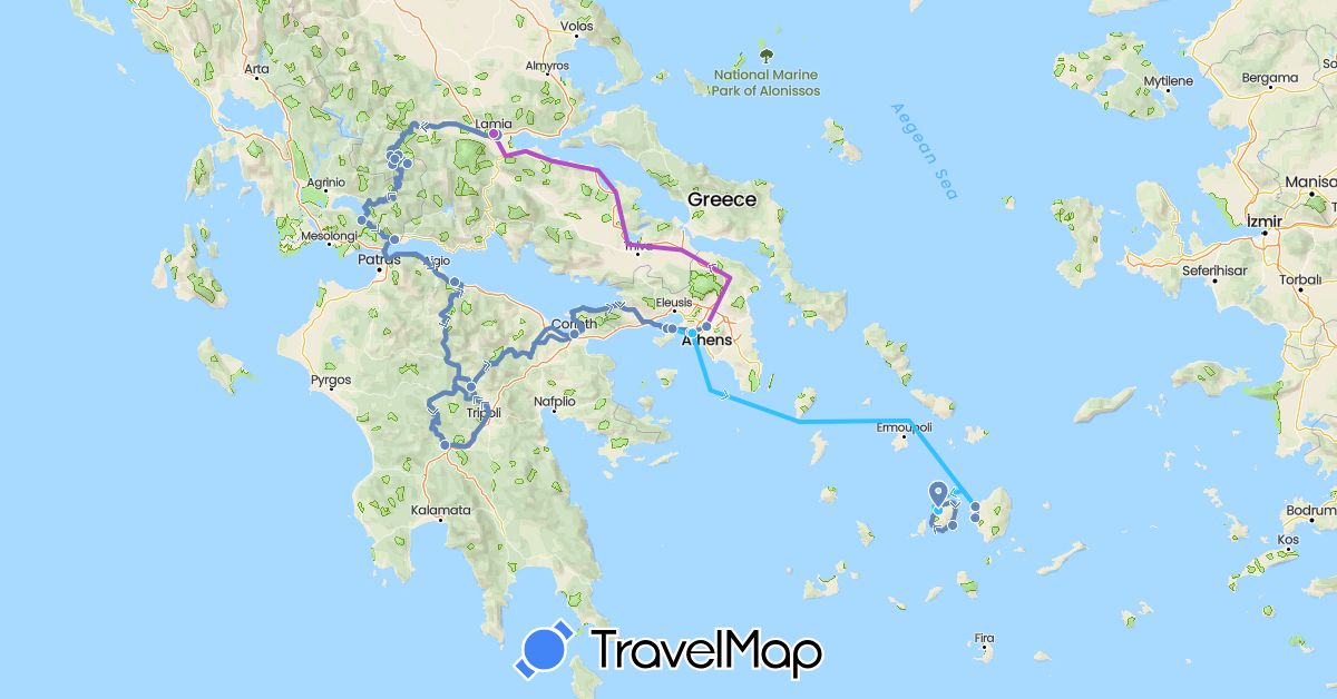 TravelMap itinerary: driving, cycling, train, boat in Greece (Europe)
