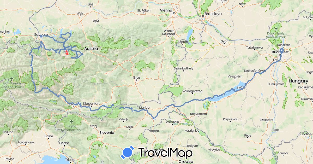 TravelMap itinerary: driving, cycling, hiking in Austria, Germany, Hungary, Slovenia (Europe)