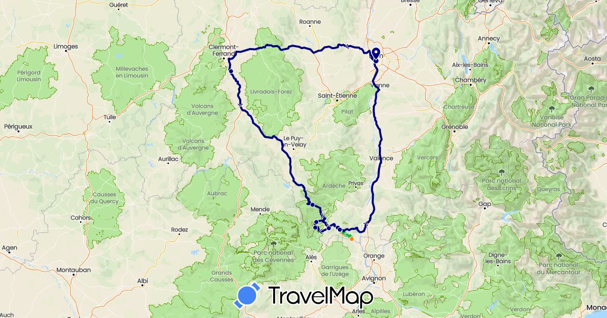 TravelMap itinerary: driving, bus, kayaking in France (Europe)