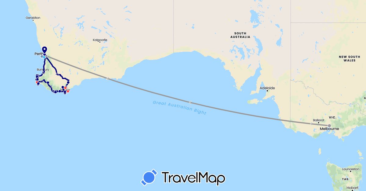 TravelMap itinerary: driving, plane, cycling, hiking, boat in Australia (Oceania)